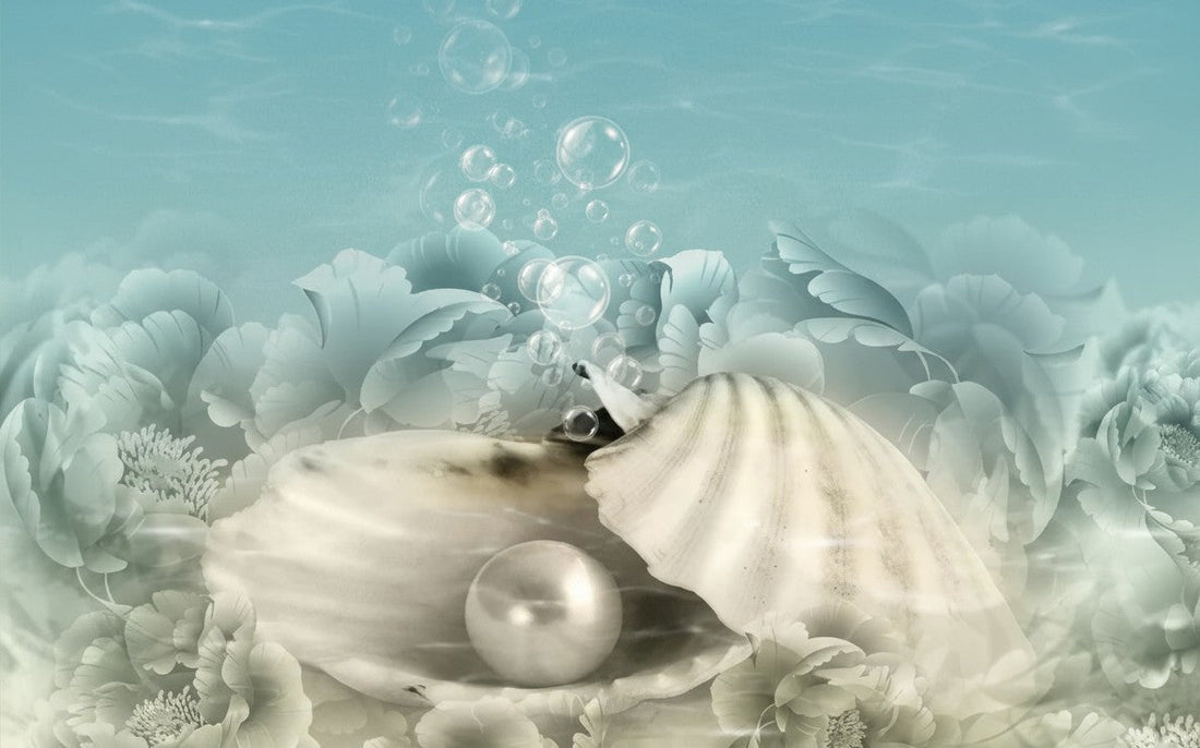 A glowing pearl inside an open seashell underwater, symbolizing elegance by Timeless Pearl.