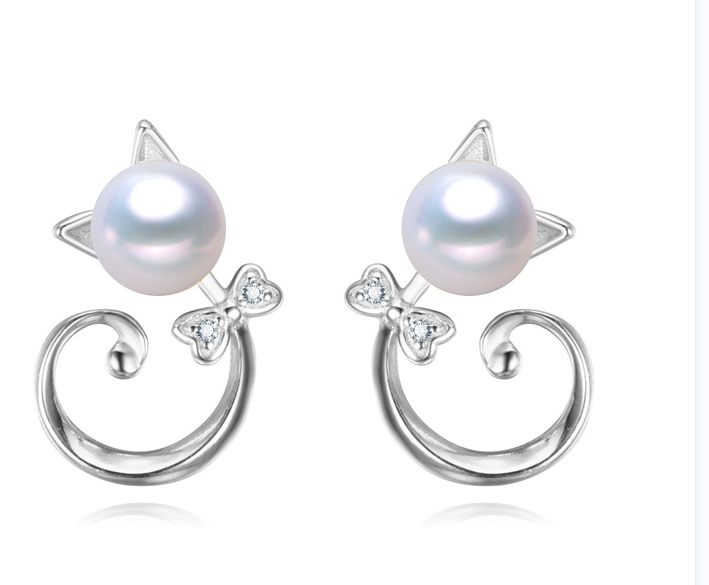 Cute Kitten Cat-Shaped Pearl Earrings