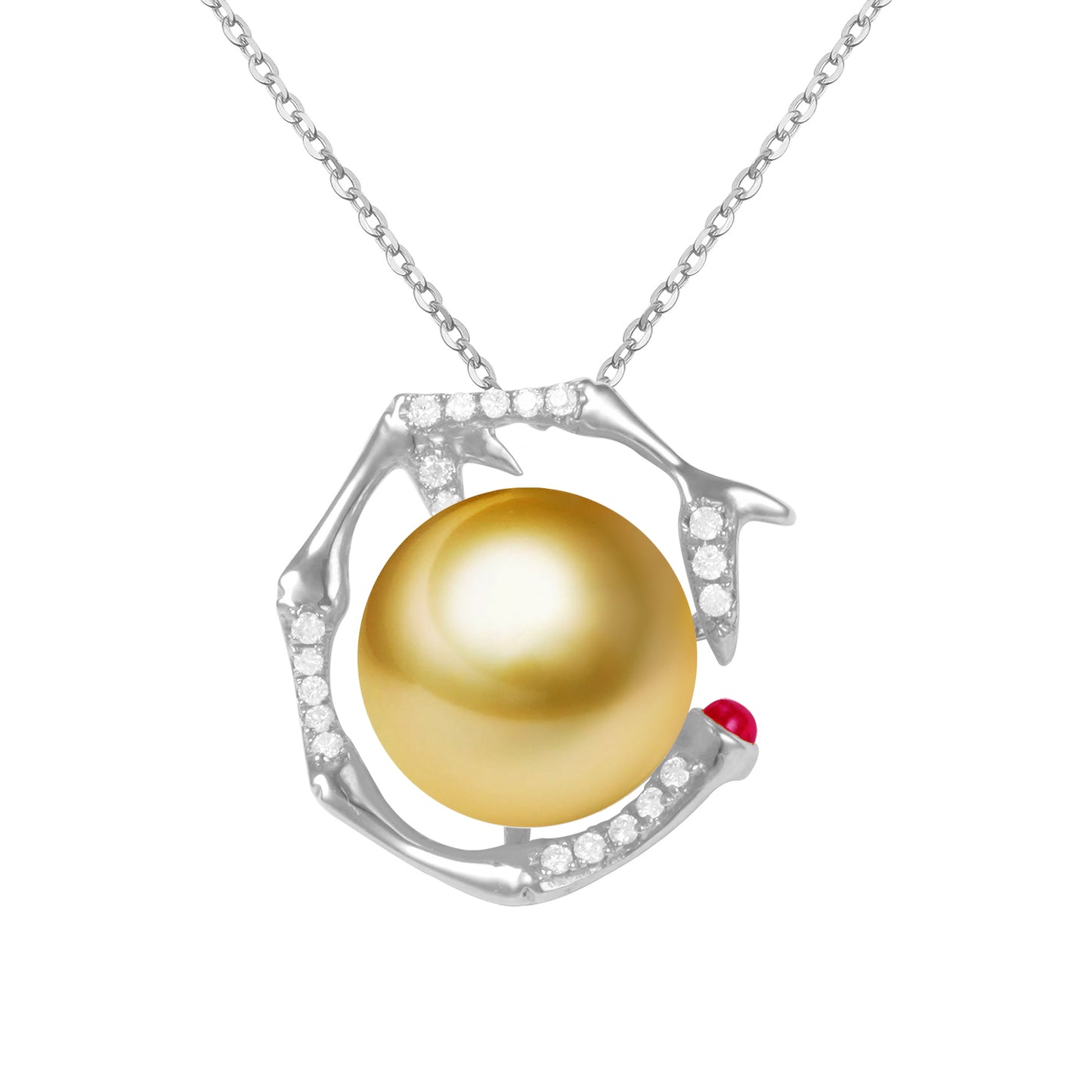 G18k Diamonds & Ruby Abstract Pearl Pendant