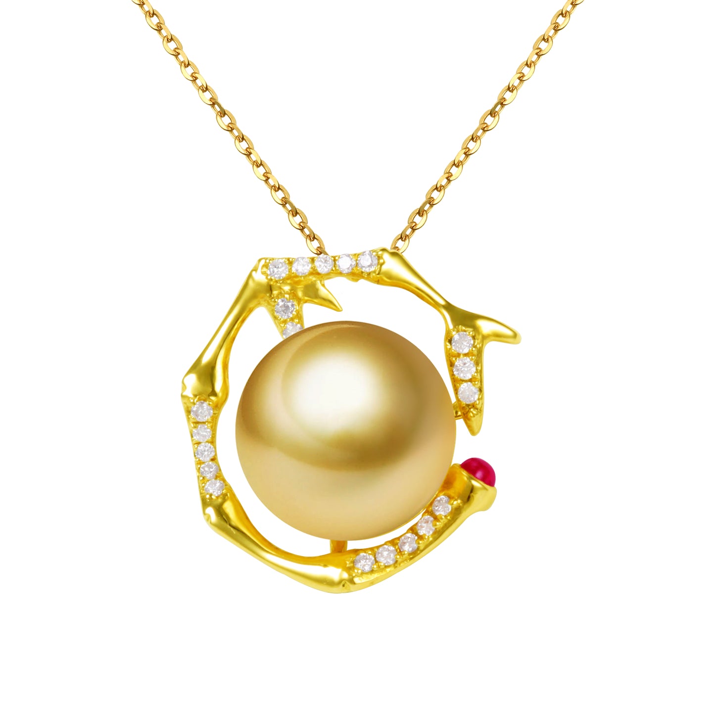 G18k Diamonds & Ruby Abstract Pearl Pendant