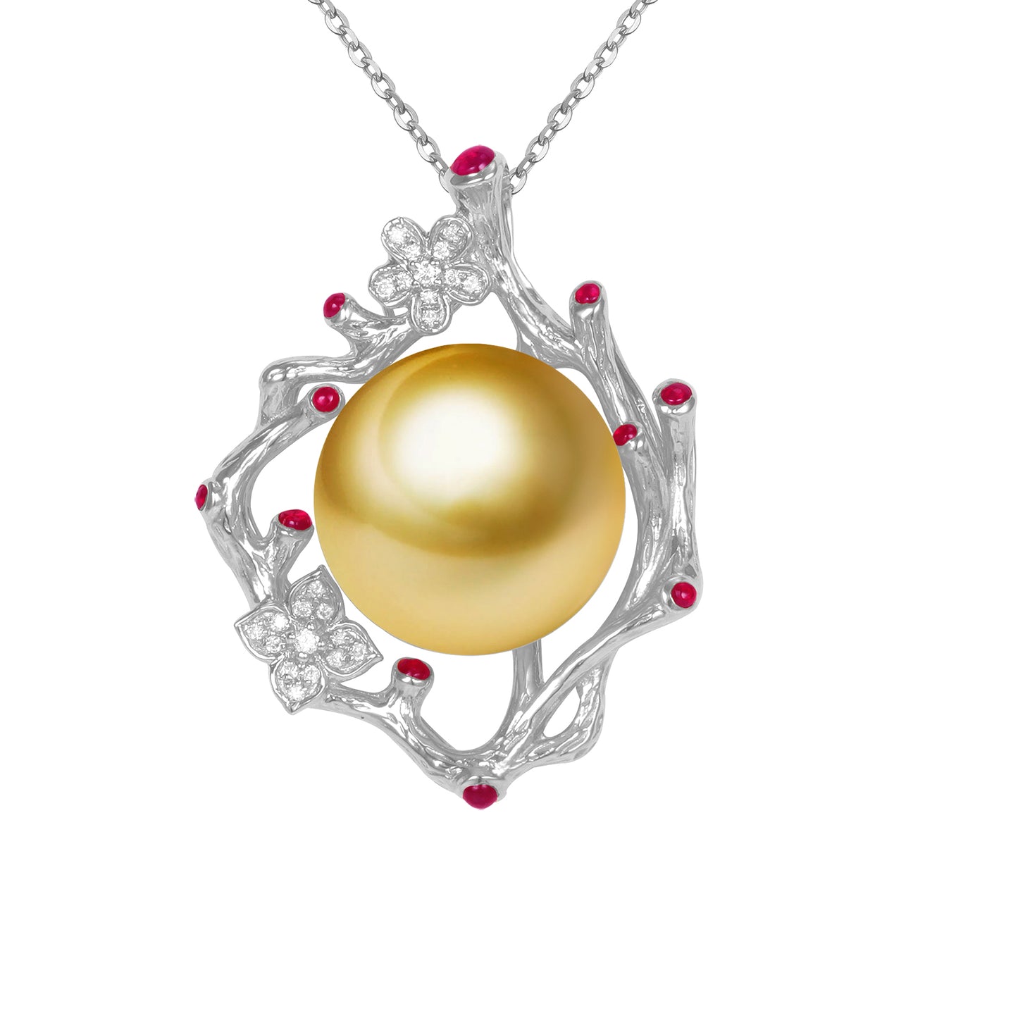G18k Diamonds Ruby Luxury Floral Pearl Pendant