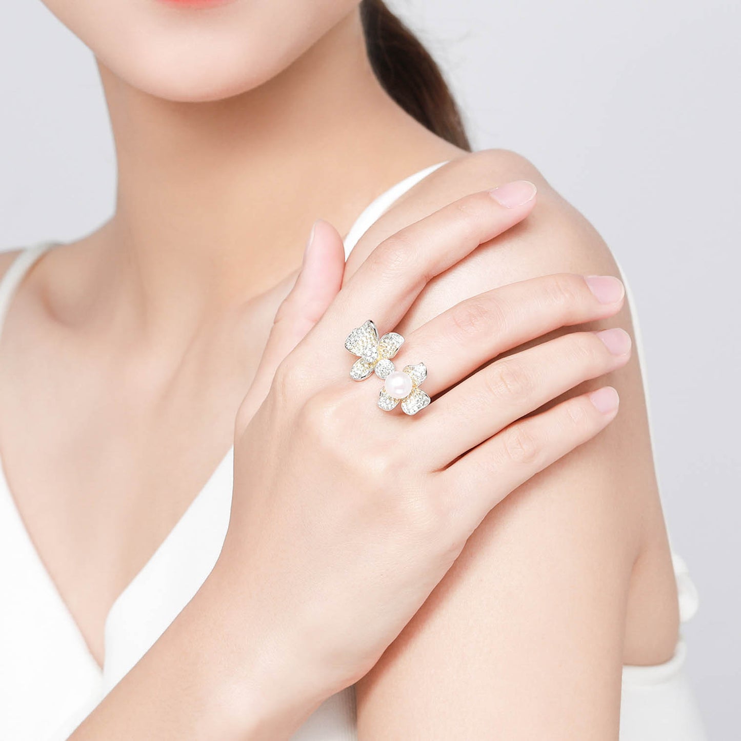Open Band Flower Pearl Ring