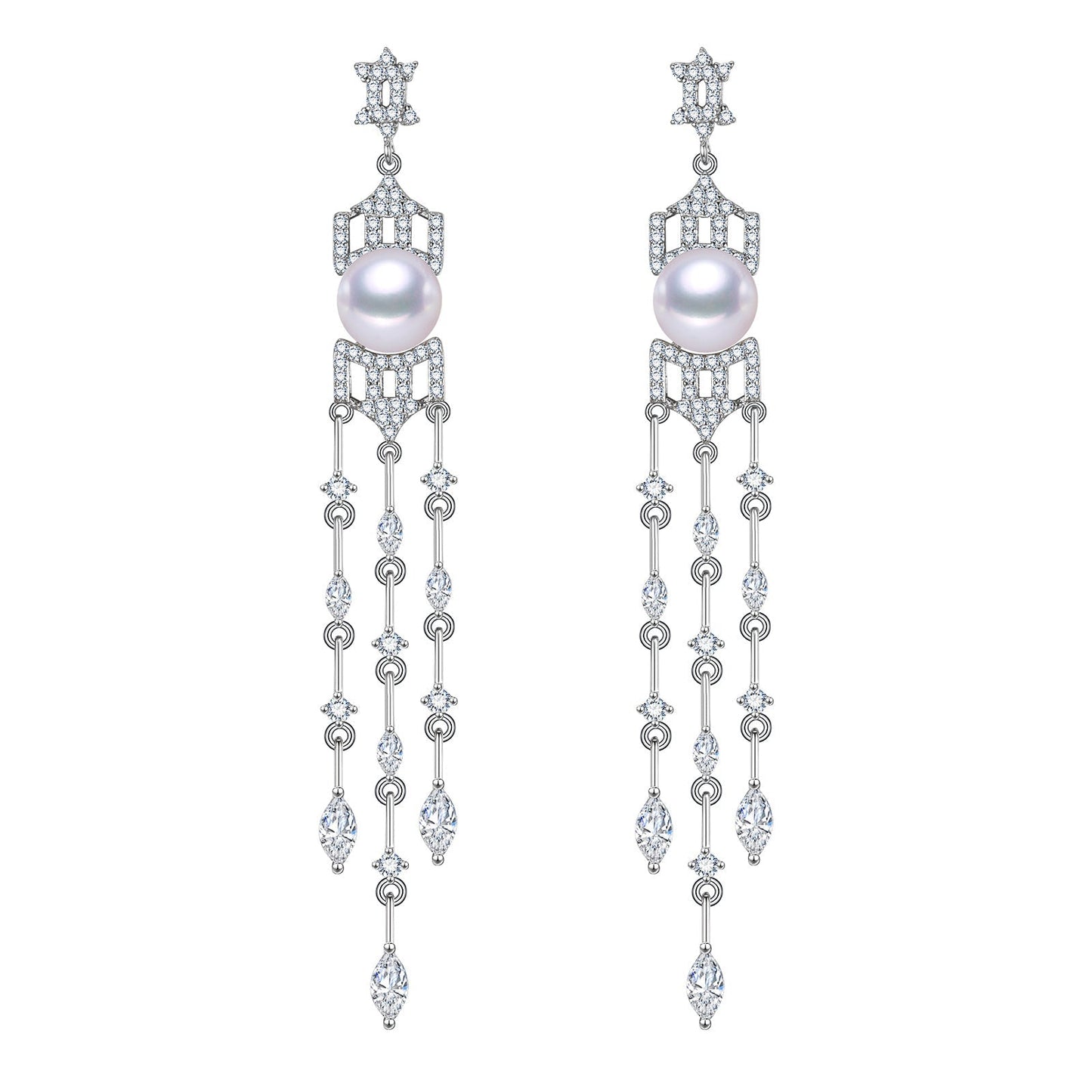 Glimmering Hexagram Long Dangling Freshwater Pearl Earrings
