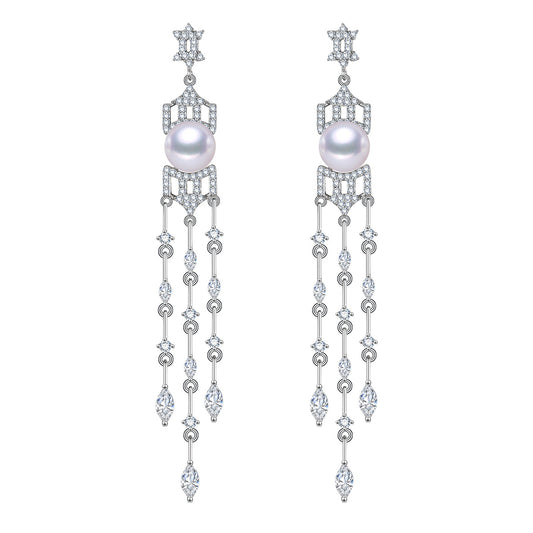 Glimmering Hexagram Long Dangling Freshwater Pearl Earrings