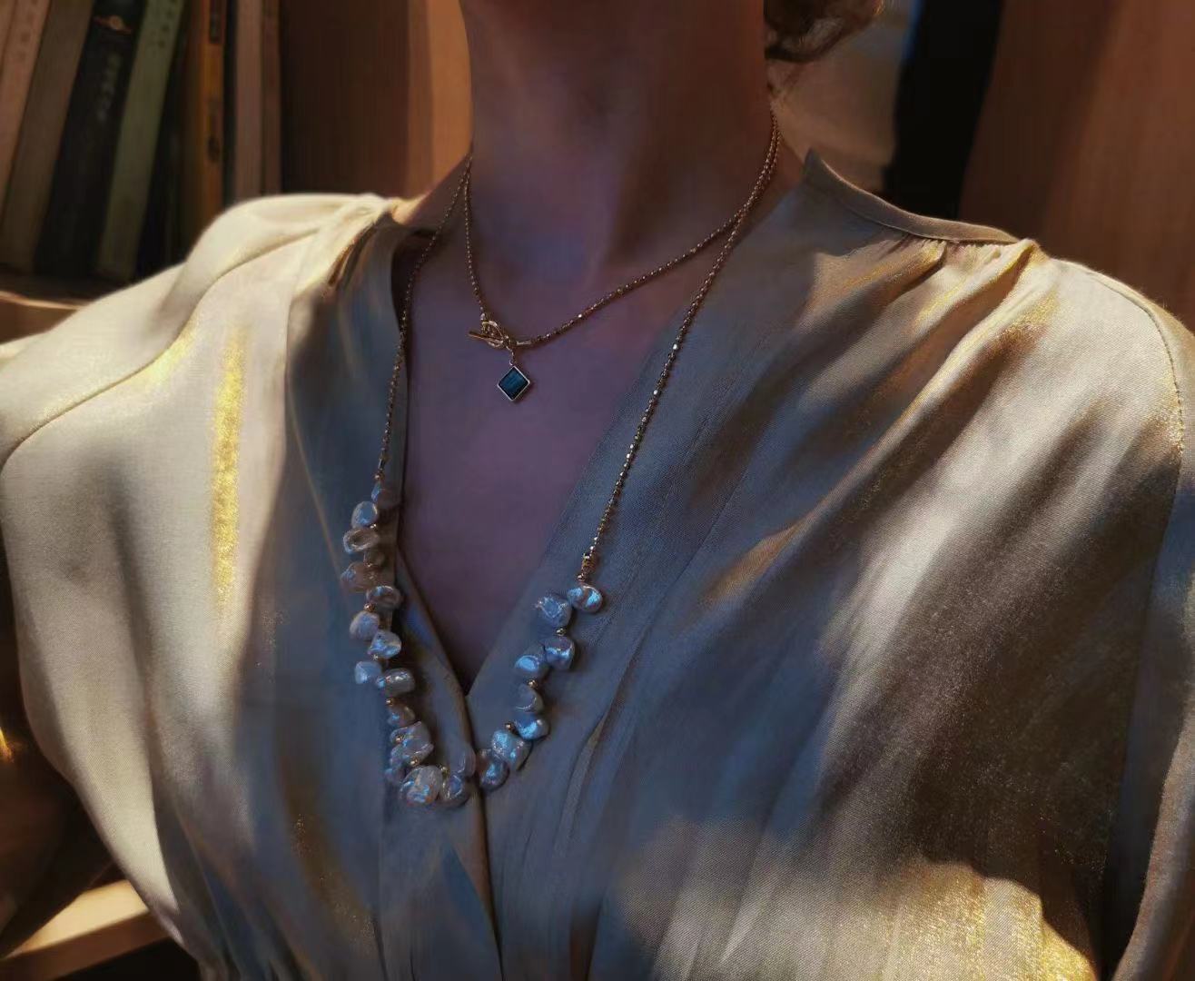 White Petal Baroque Pearls and Green Malachite Multi-Styles Pearl Necklace