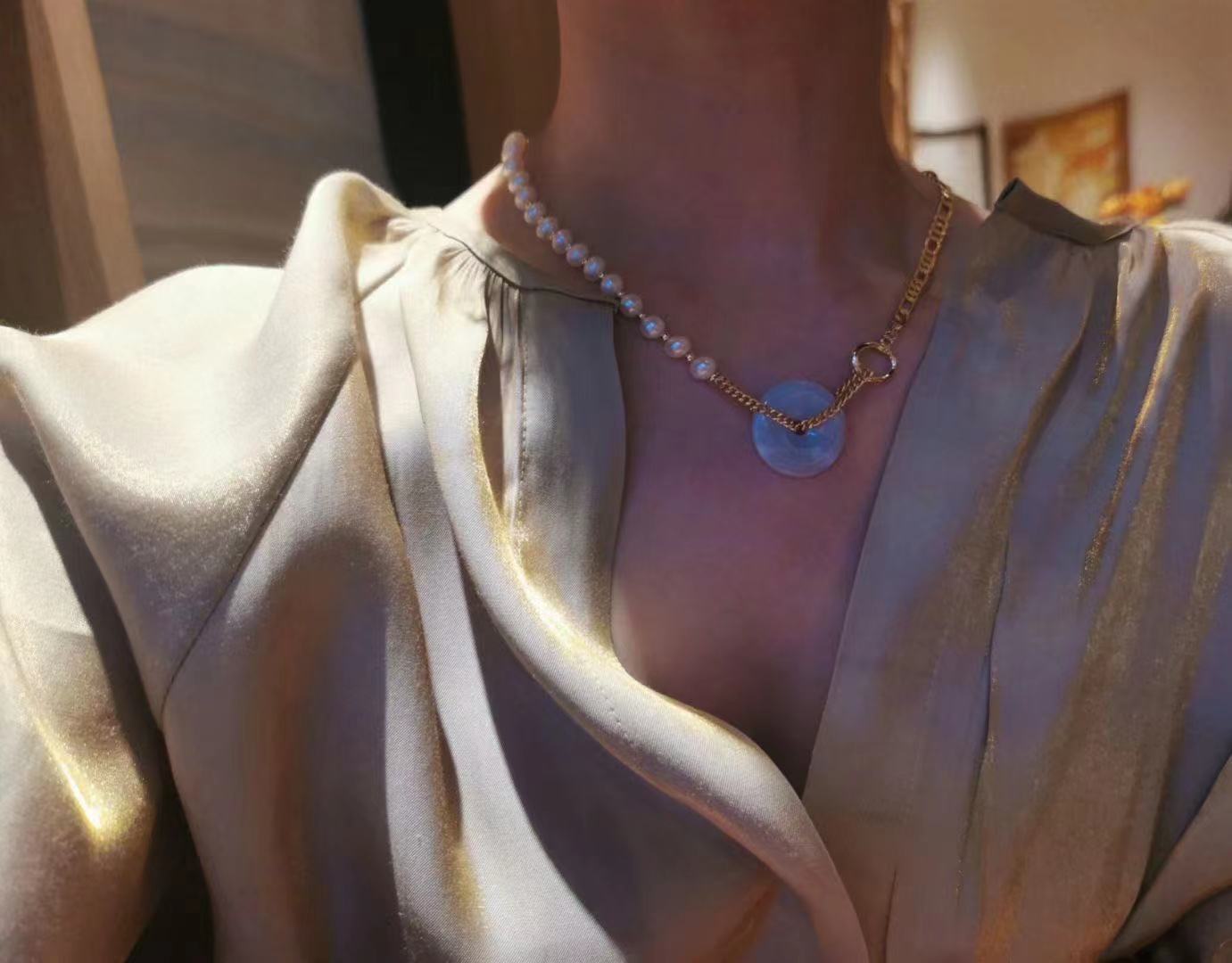 Jade and Pearls Golden Chain Modern Statement Necklace