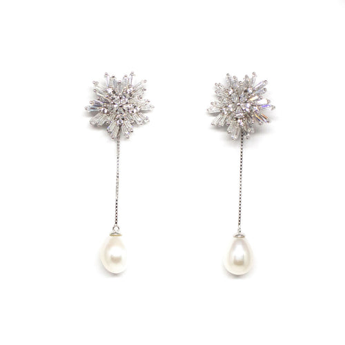 Frozen Queen Snowflake Pearl Earrings by Timeless Pearl, featuring crystal snowflake design with teardrop-shaped freshwater pearls