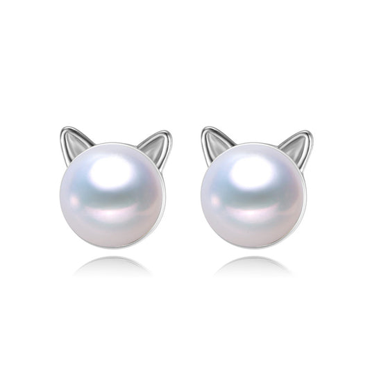 Cute Kitten Puppy Pearl Stud Earrings