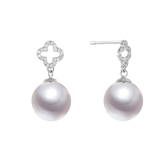 G18k Square Cross Diamonds & Pearl Studs Earrings