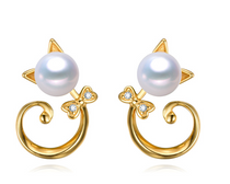 Cute Kitten Cat Shaped Pearl Earrings with elegant pearl detailing