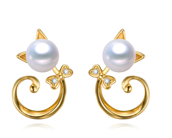 Cute Kitten Cat-Shaped Pearl Earrings