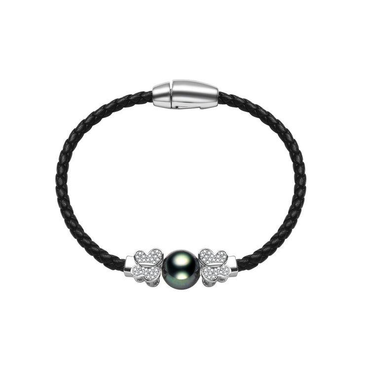 Black Leather Black Pearl Bracelet