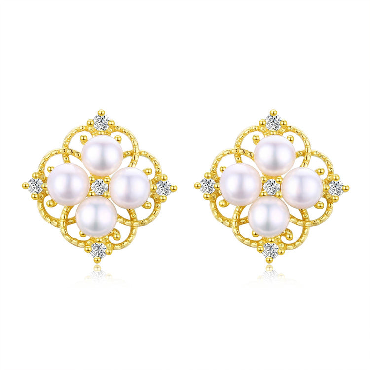 Four Petal Rosette Pearl Earring Studs