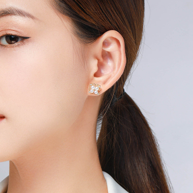 Four Petal Rosette Pearl Earring Studs