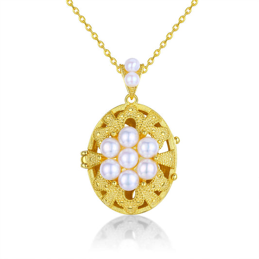 Floral Cameo Locket Pearl Necklace
