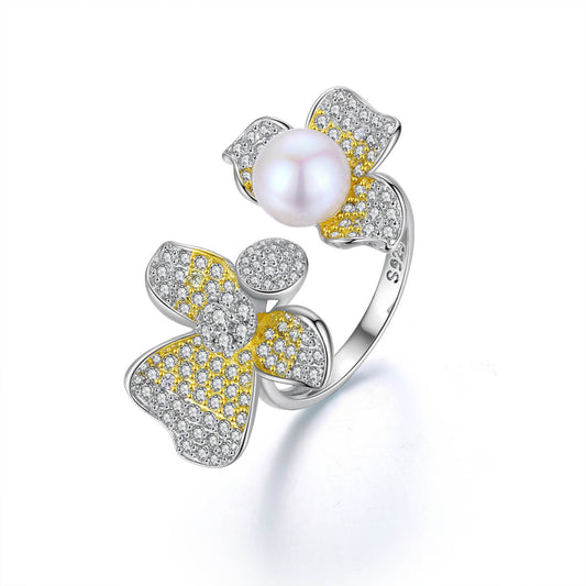 Open Band Flower Pearl Ring