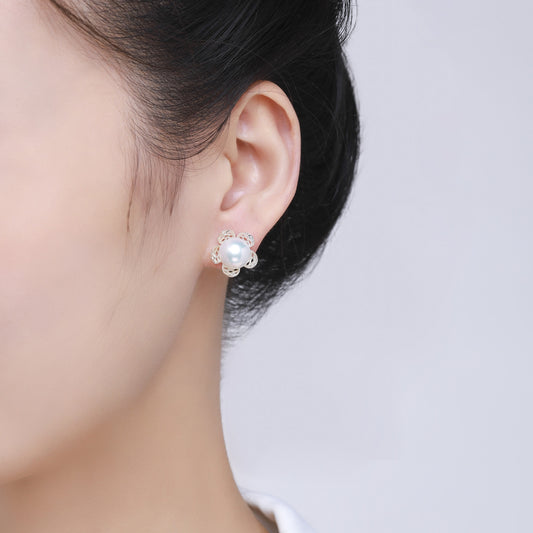 Silver Flower Pearl Studs Earrings