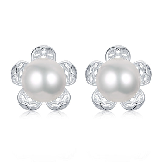 Silver Flower Pearl Studs Earrings