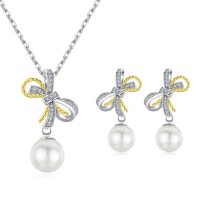 Duo Bows Edison Pearl Earrings & Necklace Set