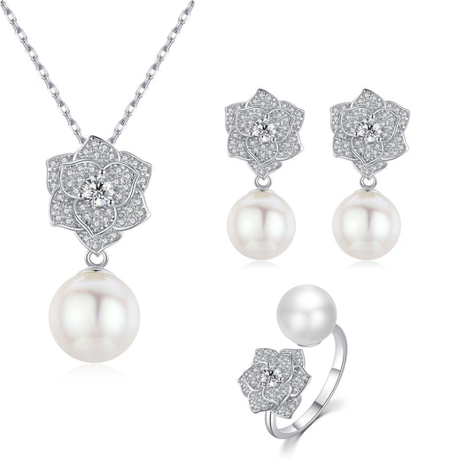 Blooming Rose Pearl Earrings & Necklace & Ring Set