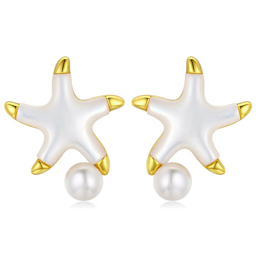 Gold and white starfish earrings with freshwater pearls at the bottom