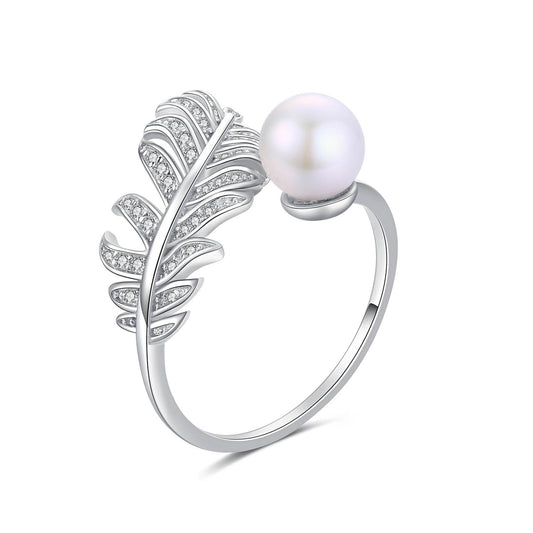 Silver Feather and Pearl Ring
