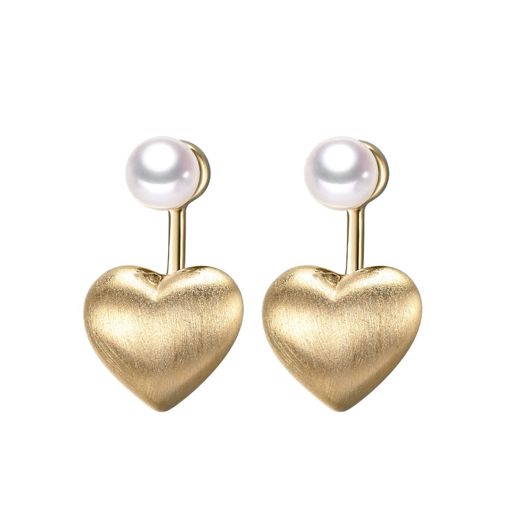 2-in-1 Golden Hearts Freshwater Pearl Front Back Earrings