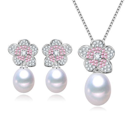 Cherry Blossom Pearl Earrings & Necklace Set