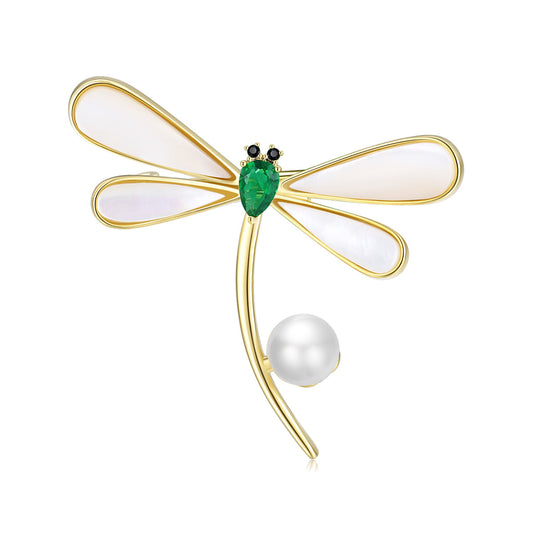 Golden Dragonfly Pearl Brooch