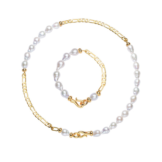 Golden Figaro Chain Baroque Freshwater Pearl Necklace & Bracelet Set