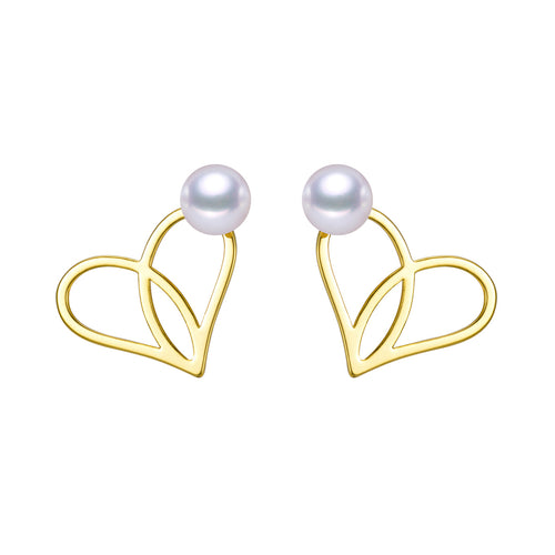 Gold heart-shaped earrings with a freshwater pearl at the top