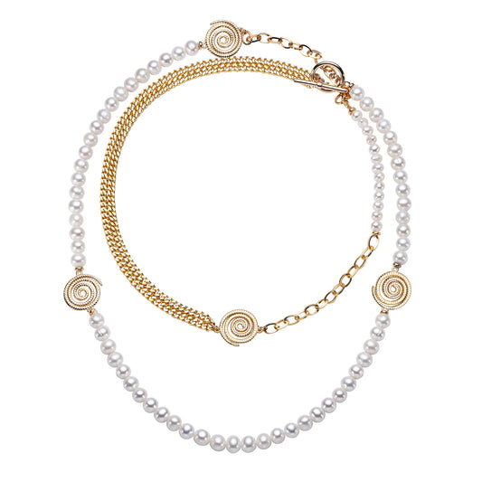 Golden Chain and Pearl Statement Necklace with Spiral Design