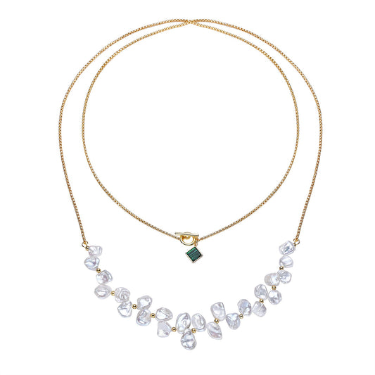 White Petal Baroque Pearls and Green Malachite Multi-Styles Pearl Necklace