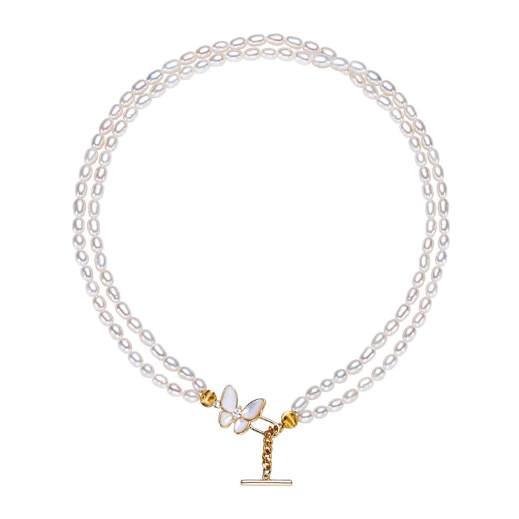 Double strands Butterfly Pearl Choker Necklace