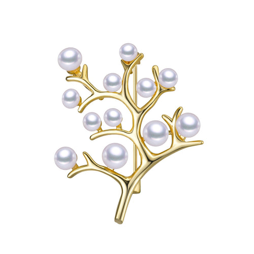 Gold tree-shaped brooch adorned with multiple freshwater pearls as branches