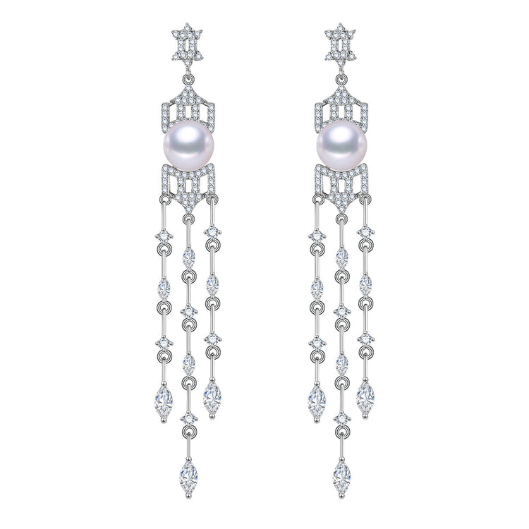 Glimmering Hexagram Long Dangling Freshwater Pearl Earrings