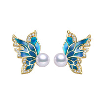 Blue Butterfly Freshwater Pearl Earrings delicate pearl studs for lightweight everyday elegance