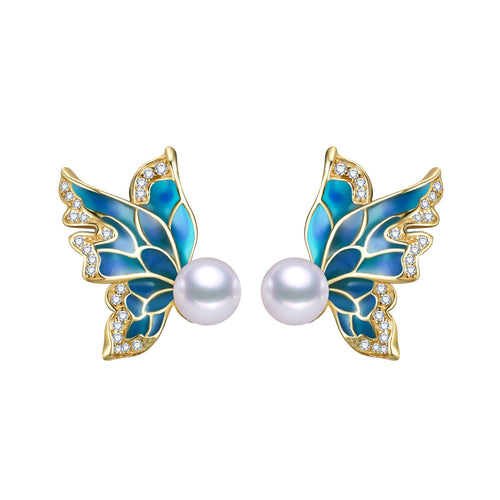 Gold butterfly earrings with blue enamel wings, diamond accents, and white freshwater pearls at the center