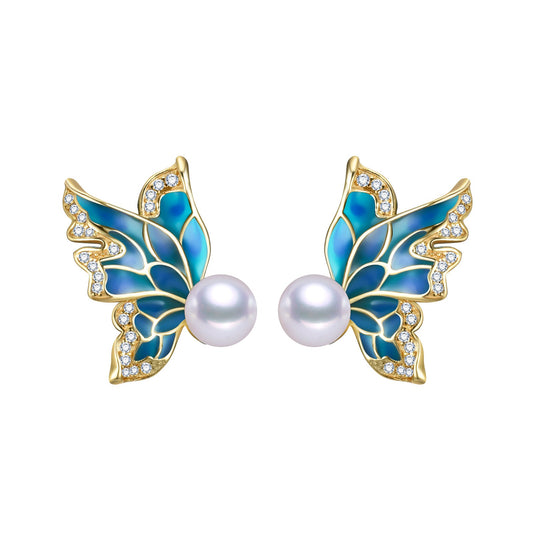 Blue Butterfly Freshwater Pearl Earrings