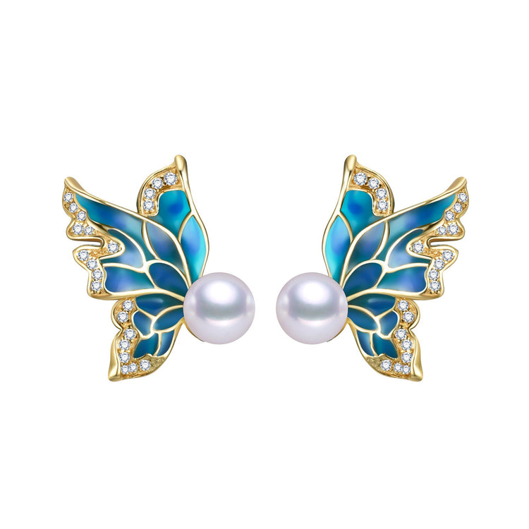 Blue Butterfly Freshwater Pearl Earrings