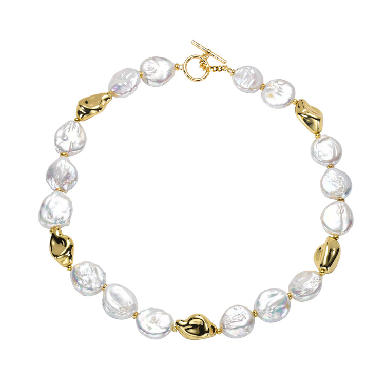 Elegant Golden White Freshwater Button Baroque Pearl Necklace