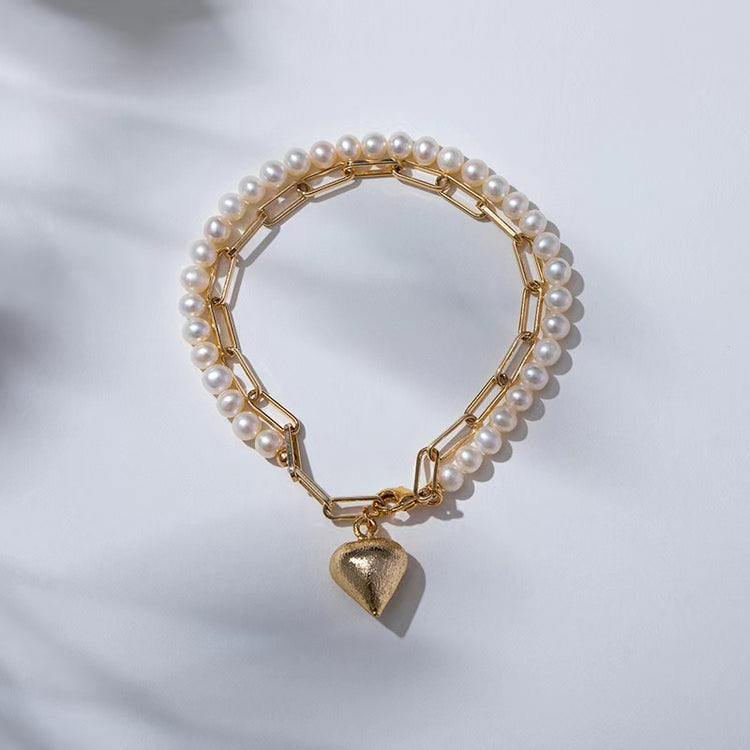 Blessed Heart Golden Chain Elegant Freshwater Pearl 2-in-1 Necklace or Bracelet (one piece)