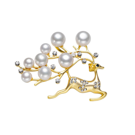 GOLDEN SNOW WHITE ELK REINDEER PEARL BROOCH