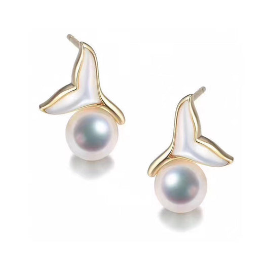 G14k The Mermaid Whale Tail Pearl Studs Earrings