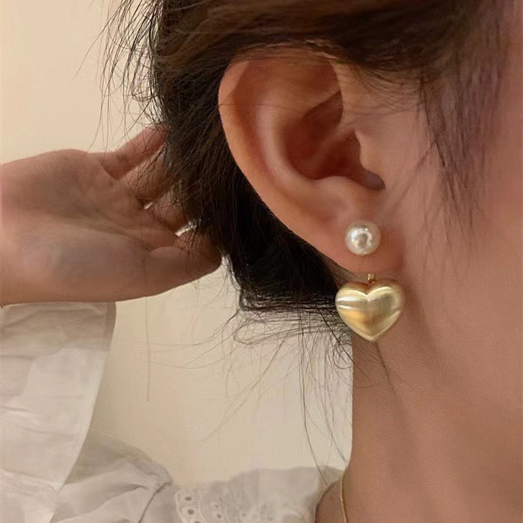 2-in-1 Golden Hearts Freshwater Pearl Front Back Earrings