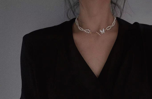 Double strands Butterfly Pearl Choker Necklace