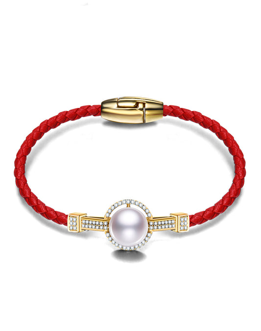 Red and Gold Braided Leather Pearl Bangle Bracelet