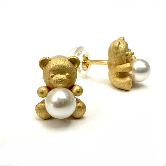 Cute Vermeil Tiny Teddy Bear Freshwater Cultured Pearl Earrings