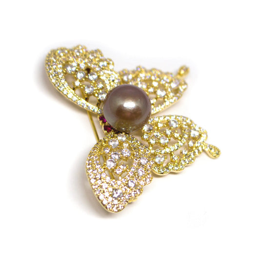 Glittery Butterfly Edison Pearl Brooch - Timeless Pearl