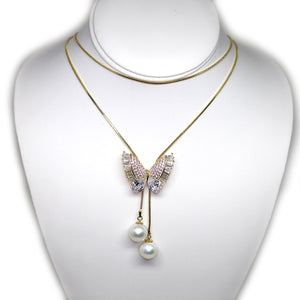 Shining Butterfly Double Edison Pearls 36 Inches Adjustable Necklace